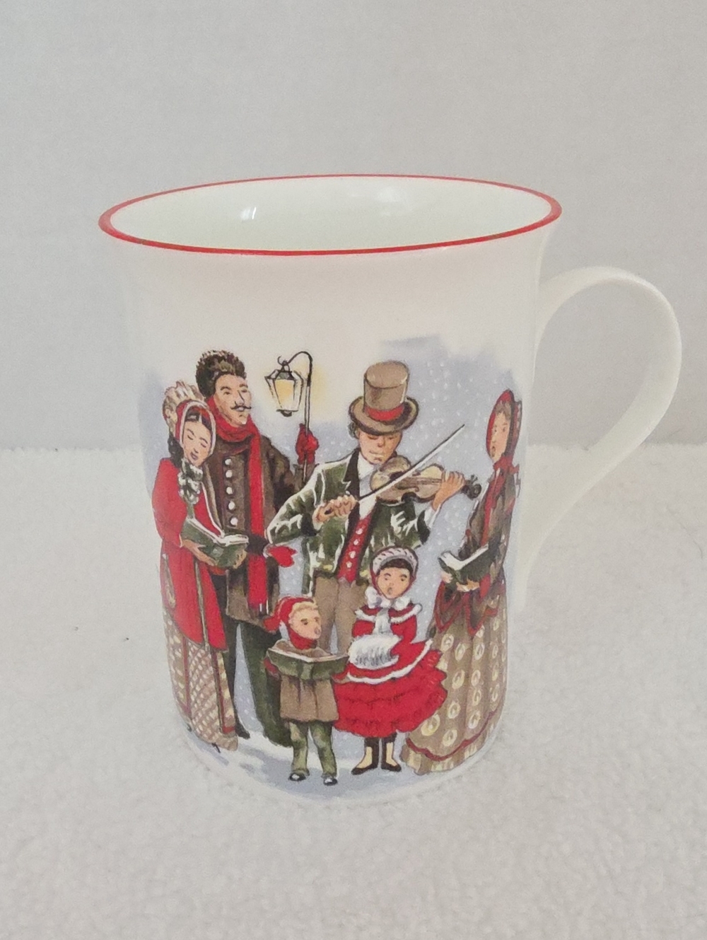 Crown Trent Holiday Festive Christmas Carolers Ceramic Red Rim Coffee Tea Mug